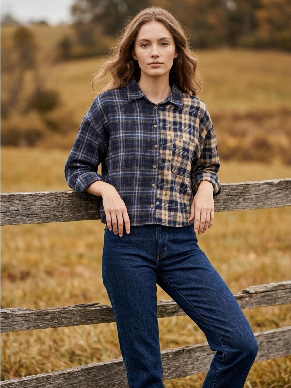 Passport Women M Blue Plaid Button Up Shirt Roll Tab Sleeve Western Casual Top